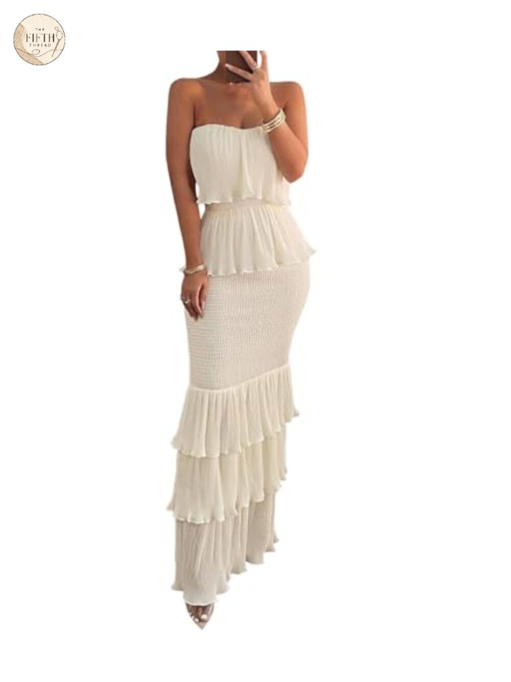 Women's Strapless Smocked Tiered Maxi Dress Ruffled Backless Bodycon Party